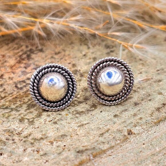 Vintage Mexico Double Rope Dome Button Sterling Silver Ear Stud - Picture 2 of 9